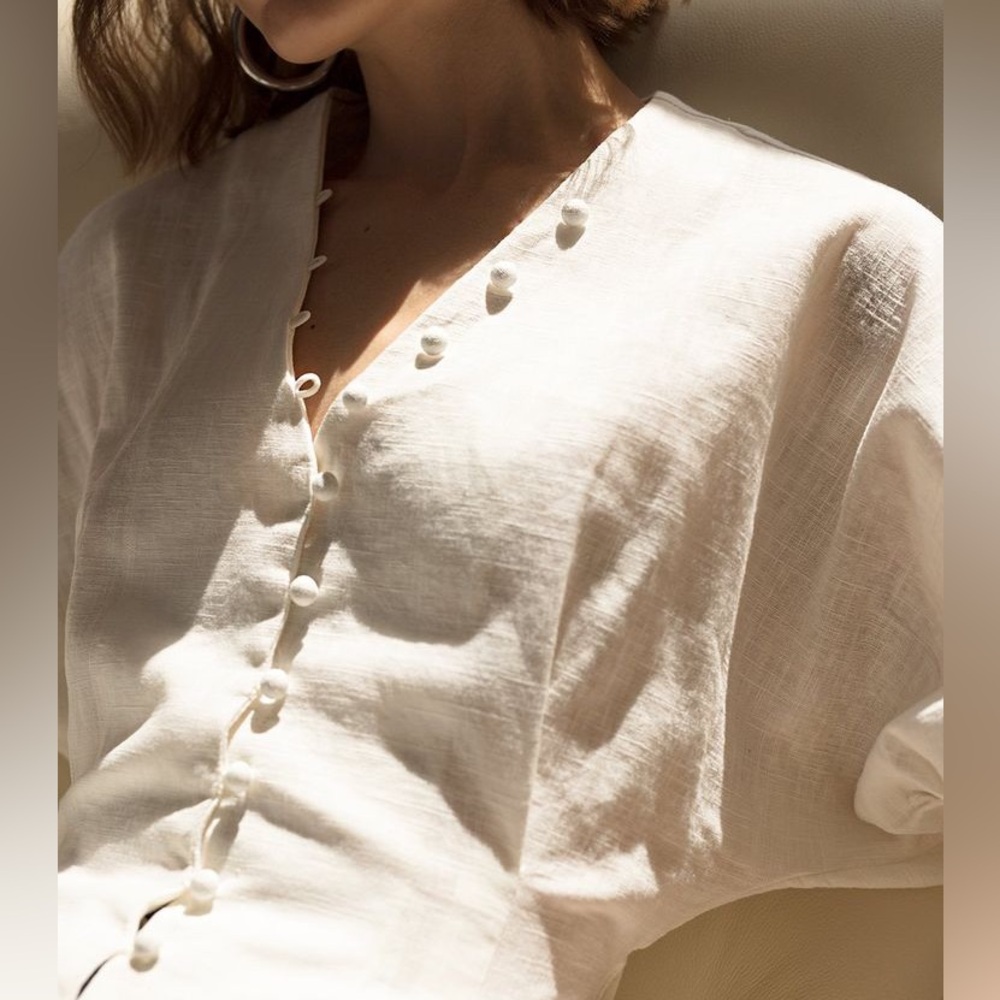 Pixie Market White Cream Linen Button Top - Picture 9 of 9